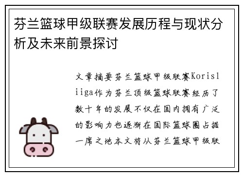 芬兰篮球甲级联赛发展历程与现状分析及未来前景探讨