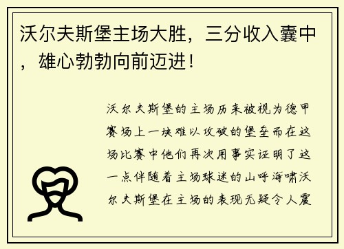 沃尔夫斯堡主场大胜，三分收入囊中，雄心勃勃向前迈进！