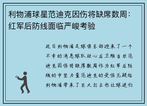 利物浦球星范迪克因伤将缺席数周：红军后防线面临严峻考验