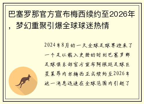 巴塞罗那官方宣布梅西续约至2026年，梦幻重聚引爆全球球迷热情